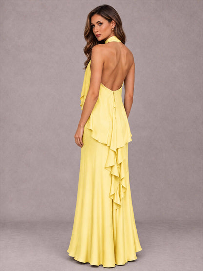 High Neck Sheath Satin Sleeveless Floor-Length Wedding Guest Dress