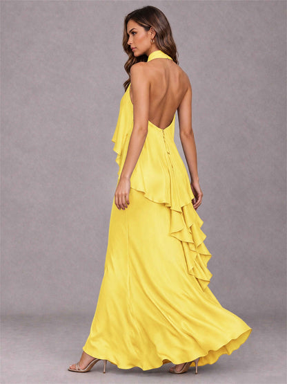 High Neck Sheath Satin Sleeveless Floor-Length Wedding Guest Dress