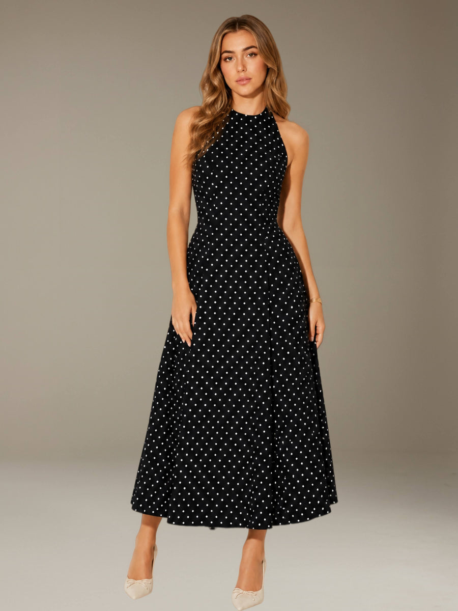 Black Free Shipping Halter Neck Sleeveless Tea-Length Polka Dot Formal Dress with Backless