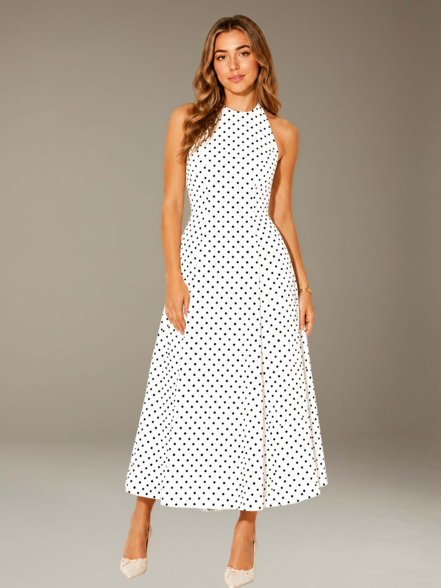 White Free Shipping Halter Neck Sleeveless Tea-Length Polka Dot Formal Dress with Backless