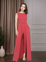 Jumpsuits A-Line/Princess Scoop Neck Sleeveless Floor-Length Mother of the Bride Pantsuits with Pleated,Pocket & Overskirt