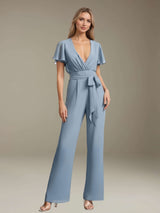 Jumpsuits Deep V-Neck Short Sleeves Floor-Length Bridesmaid Dresses with Ruffles & Bowknot