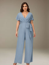 Jumpsuits Deep V-Neck Short Sleeves Floor-Length Plus Size Bridesmaid Dresses with Ruffles & Bowknot