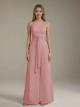 Jumpsuits Halter Neck Sleeveless Floor-Length Chiffon Bridesmaid Dresses with Ruched & Pockets