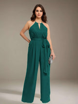 Jumpsuits Halter Neckline Sleeveless Floor-Length Plus Size Bridesmaid Dresses with Ruched,Pockets & Bowknot