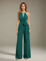 Jumpsuits Halter Neckline Sleeveless Floor-Length Bridesmaid Dresses with Ruched,Pockets & Bowknot
