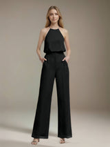 Jumpsuits Halter Sleeveless Floor-Length Bridesmaid Dresses with Ruched & Pockets