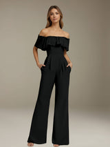 Jumpsuits Off-The-Shoulder Floor-Length Bridesmaid Dresses with Ruffles & Pockets