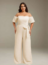 Jumpsuits Off-The-Shoulder Floor-Length Plus Size Bridesmaid Dresses with Pockets & Bowknot