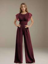 Jumpsuits Scoop Neck Short Sleeves Floor-Length Bridesmaid Dresses with Ruched & Pockets