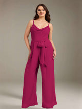 Jumpsuits Spaghetti Straps Cowl Neck Sleeveless Floor-Length Chiffon Plus Size Bridesmaid Dresses with Ruched, Pockets & Bowknot