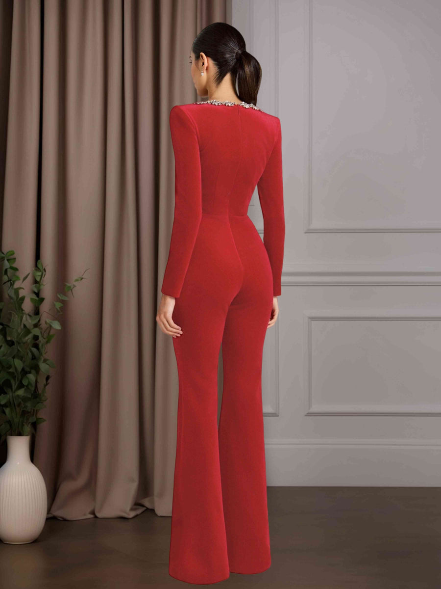 Red Jumpsuits Square Neck Long Sleeves Floor-Length Mother of the Bride Pantsuits with Sequins
