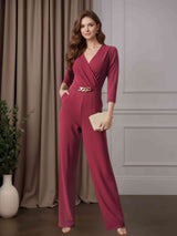Jumpsuits V-Neck 3/4 Length Sleeves Ankle-Length Mother of the Bride Pantsuits with Ruched & Gold Chain