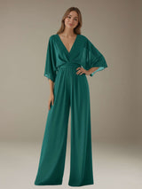 Jumpsuits V-Neck 3/4 Length Sleeves Floor-Length Bridesmaid Dresses with Ruched & Pockets