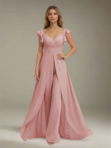 Jumpsuits V-Neck Short Sleeves Floor-Length Bridesmaid Dresses with Ruched & Pockets