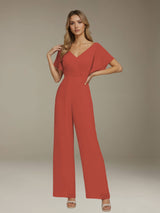 Jumpsuits V-Neck Short Sleeves Floor-Length Bridesmaid Dresses with Ruched