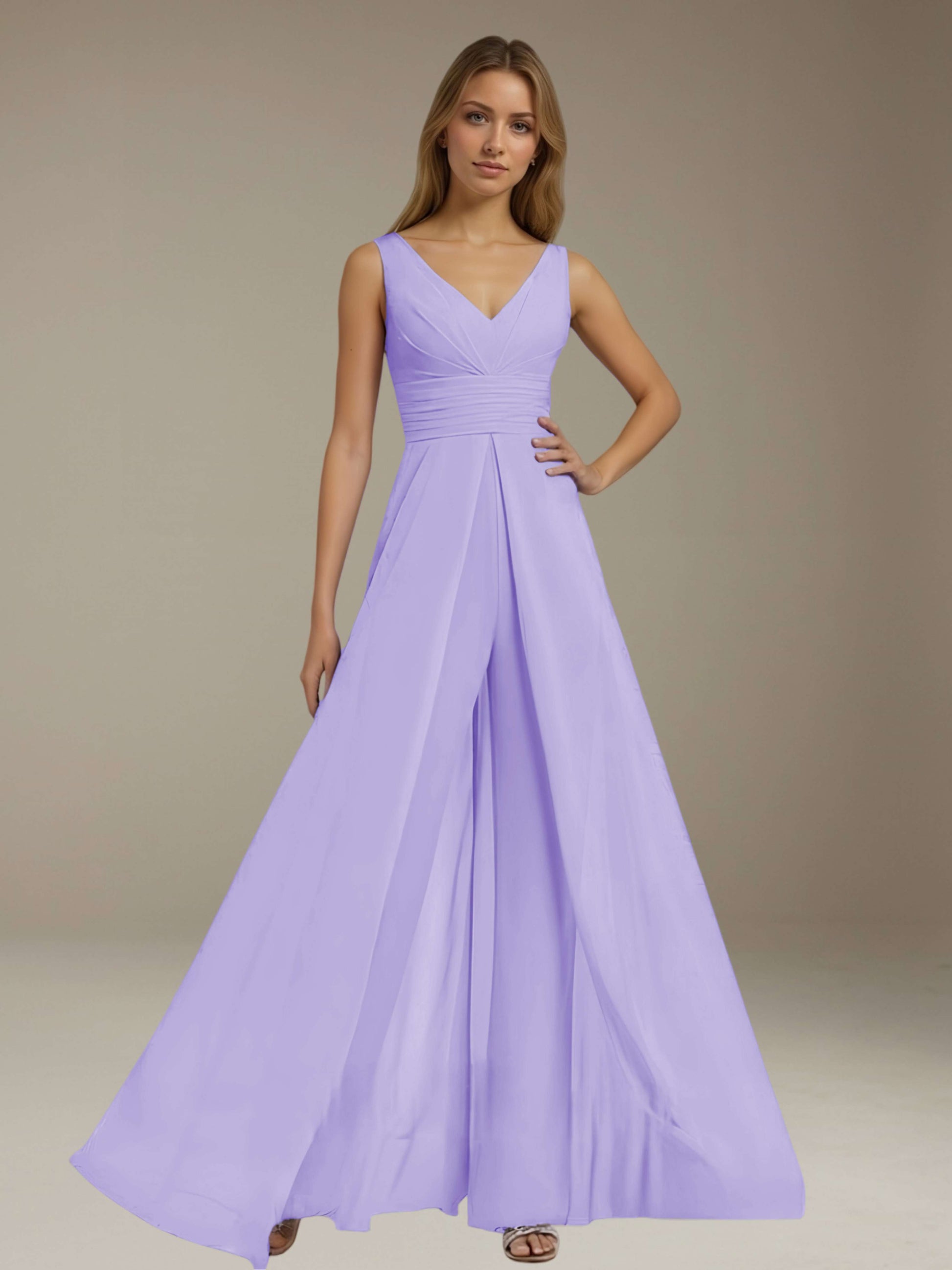 Jumpsuits V-Neck Sleeveless Floor-Length Bridesmaid Dresses with Ruche mollyevers.com Jumpsuits V-Neck Sleeveless Floor-Length Bridesmaid Dresses with Ruche mollyevers.com
