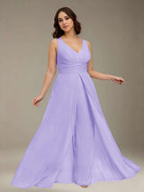 Jumpsuits V-Neck Sleeveless Floor-Length Plus Size Bridesmaid Dresses with Ruched