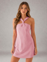 Free Shipping Knotted Halter Neck Bow Back Mini Homecoming Dress