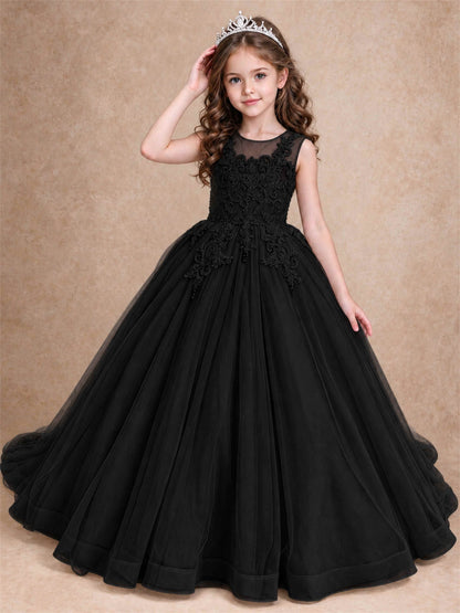 Lace Applique Girls Pageant Dresses Tulle Ball Gown Flower Girl Dress for Wedding Birthday Communion