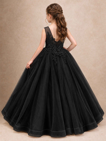 Lace Applique Girls Pageant Dresses Tulle Ball Gown Flower Girl Dress for Wedding Birthday Communion