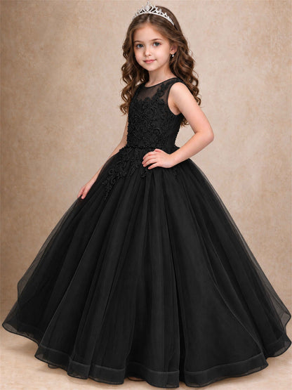 Lace Applique Girls Pageant Dresses Tulle Ball Gown Flower Girl Dress for Wedding Birthday Communion