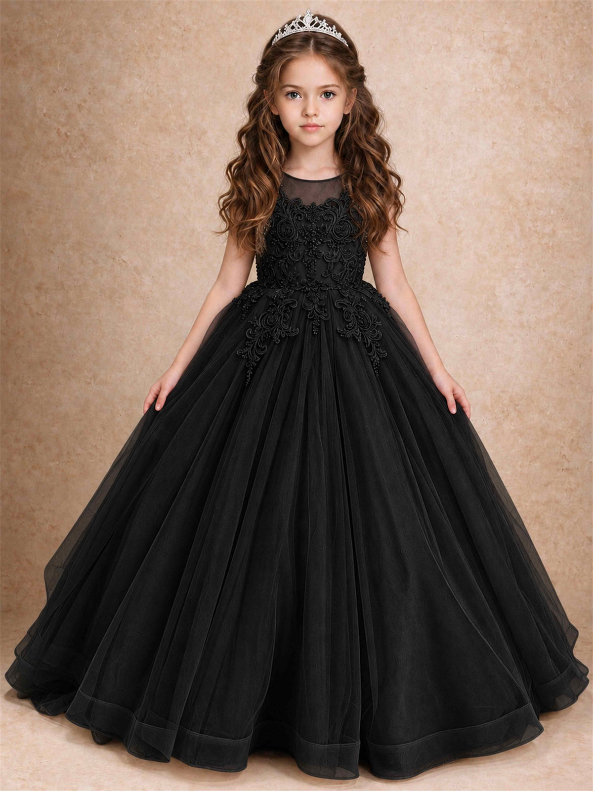 Lace Applique Girls Pageant Dresses Tulle Ball Gown Flower Girl Dress for Wedding Birthday Communion