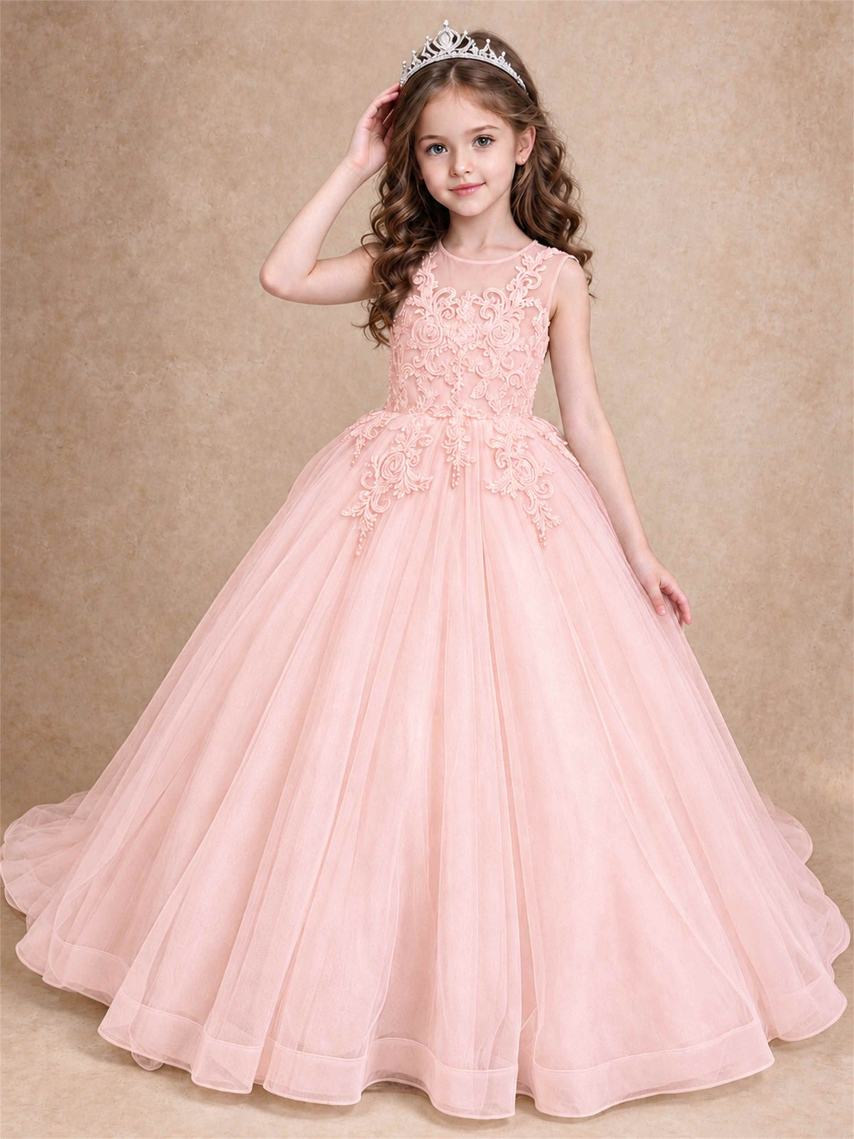 Lace Applique Girls Pageant Dresses Tulle Ball Gown Flower Girl Dress for Wedding Birthday Communion