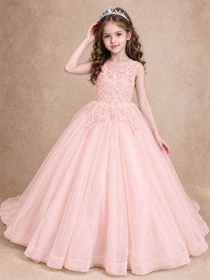 Lace Applique Girls Pageant Dresses Tulle Ball Gown Flower Girl Dress for Wedding Birthday Communion