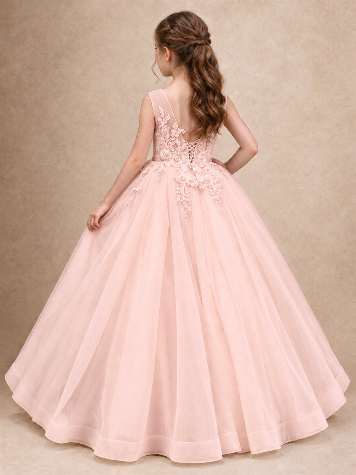 Lace Applique Girls Pageant Dresses Tulle Ball Gown Flower Girl Dress for Wedding Birthday Communion