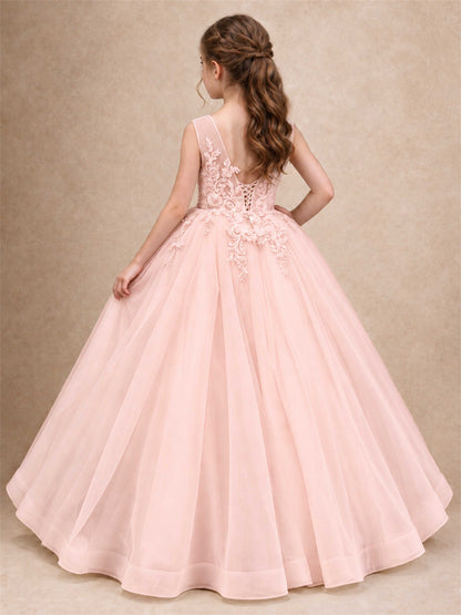 Lace Applique Girls Pageant Dresses Tulle Ball Gown Flower Girl Dress for Wedding Birthday Communion