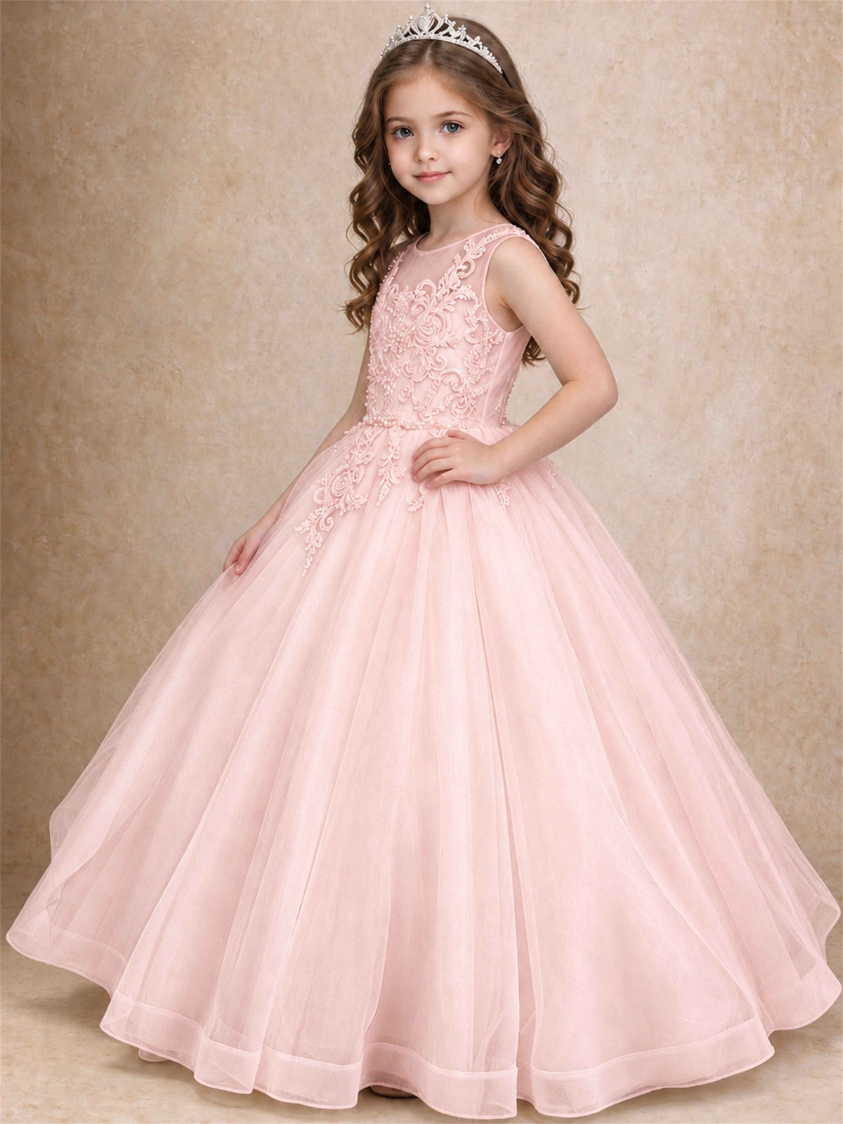 Lace Applique Girls Pageant Dresses Tulle Ball Gown Flower Girl Dress for Wedding Birthday Communion