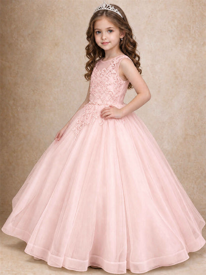 Lace Applique Girls Pageant Dresses Tulle Ball Gown Flower Girl Dress for Wedding Birthday Communion
