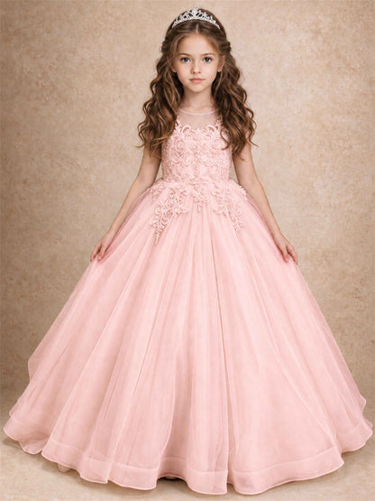 Lace Applique Girls Pageant Dresses Tulle Ball Gown Flower Girl Dress for Wedding Birthday Communion