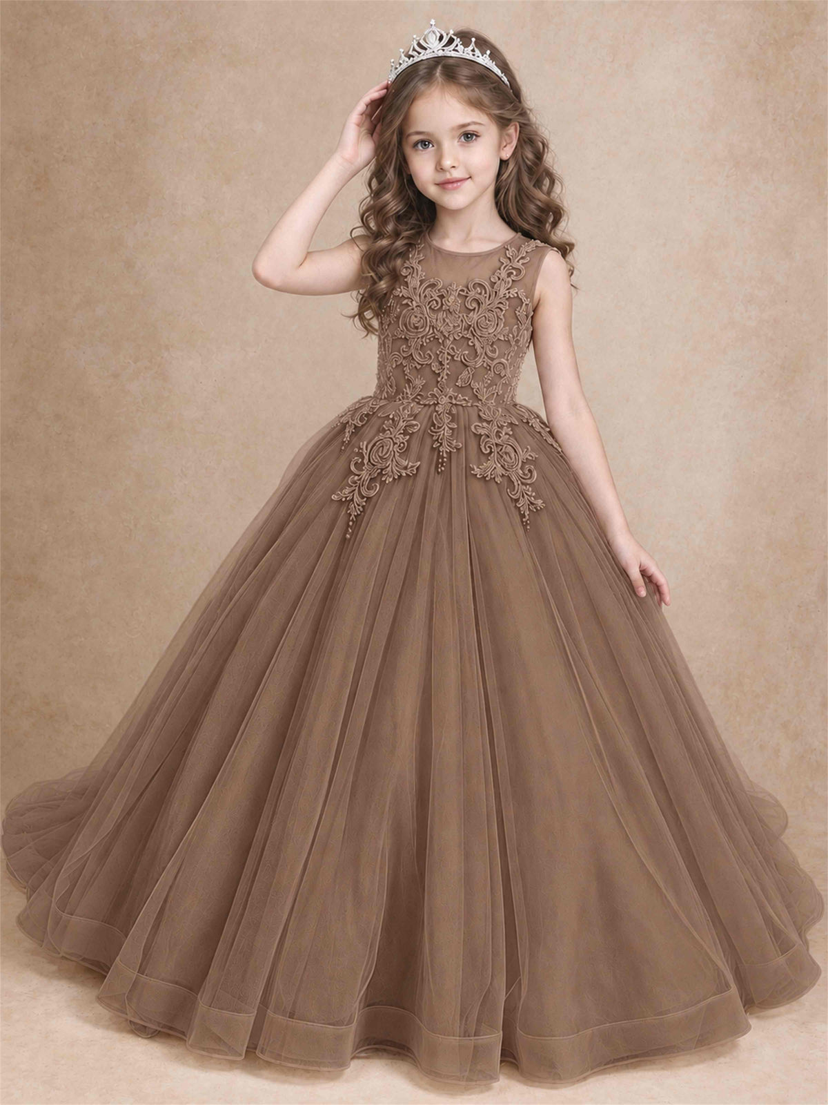 Lace Applique Girls Pageant Dresses Tulle Ball Gown Flower Girl Dress for Wedding Birthday Communion