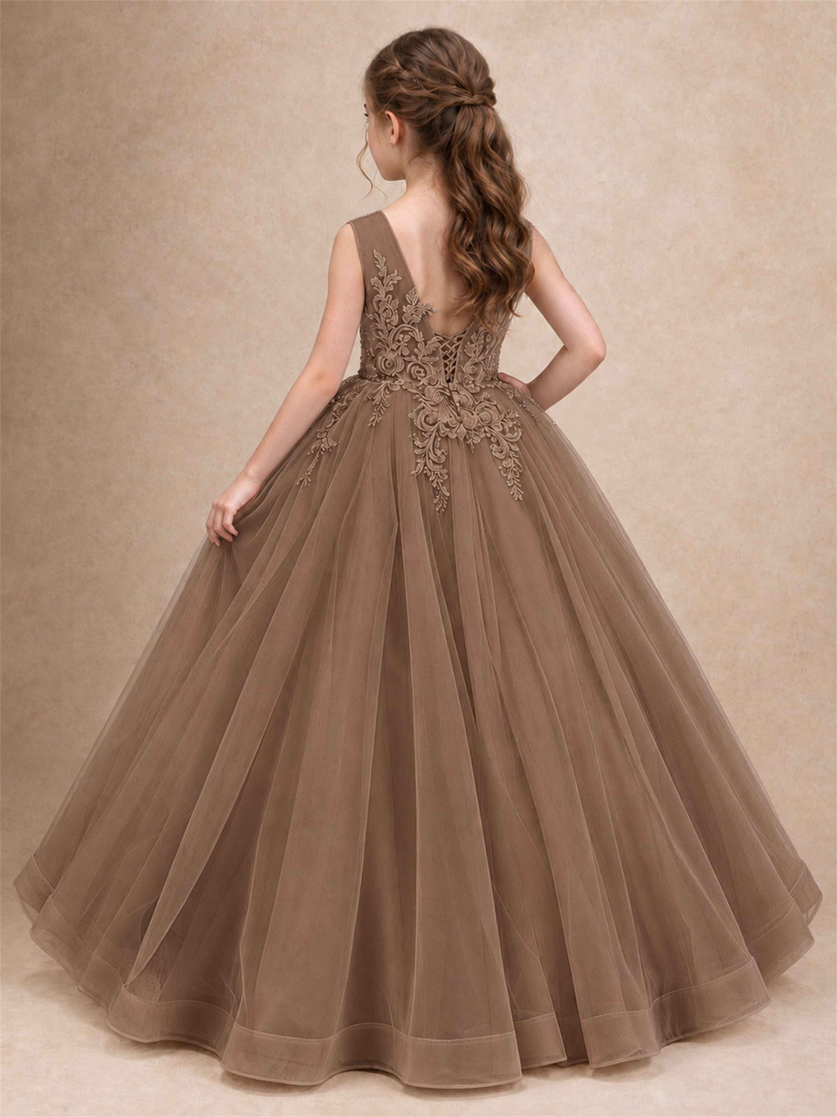 Lace Applique Girls Pageant Dresses Tulle Ball Gown Flower Girl Dress for Wedding Birthday Communion