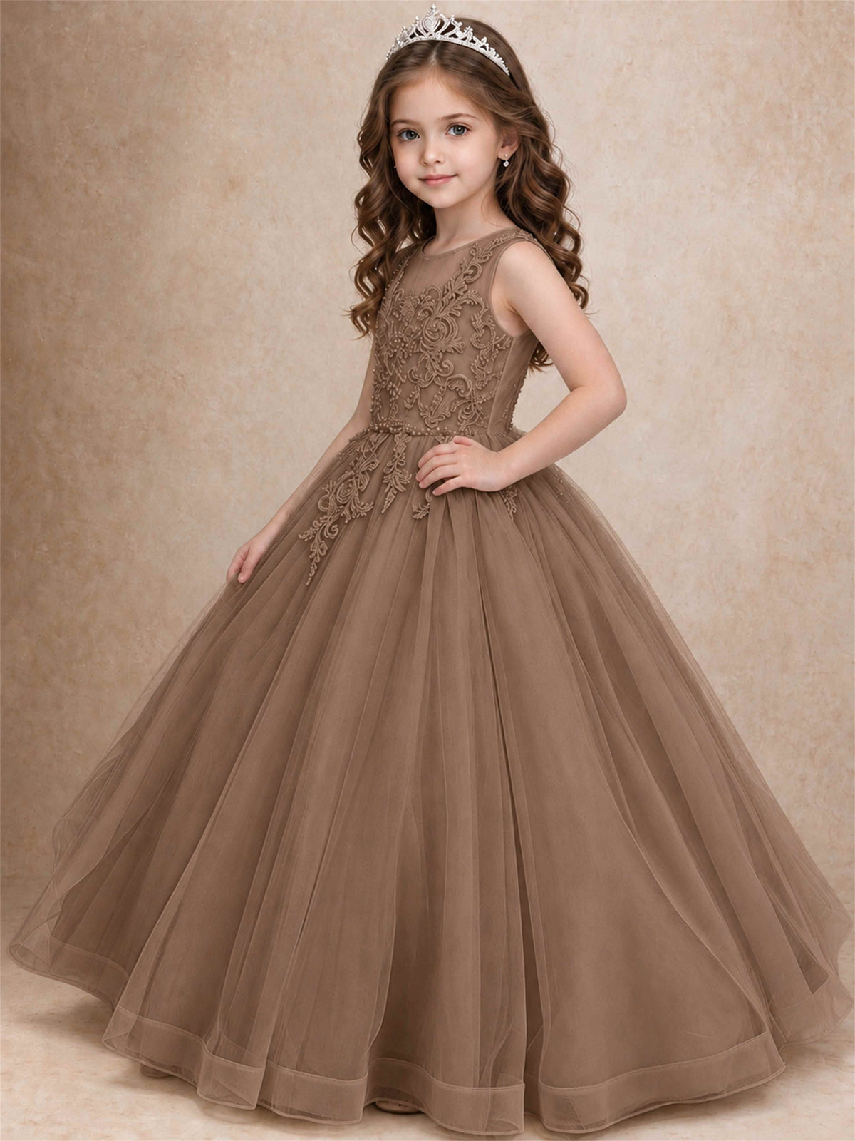 Lace Applique Girls Pageant Dresses Tulle Ball Gown Flower Girl Dress for Wedding Birthday Communion