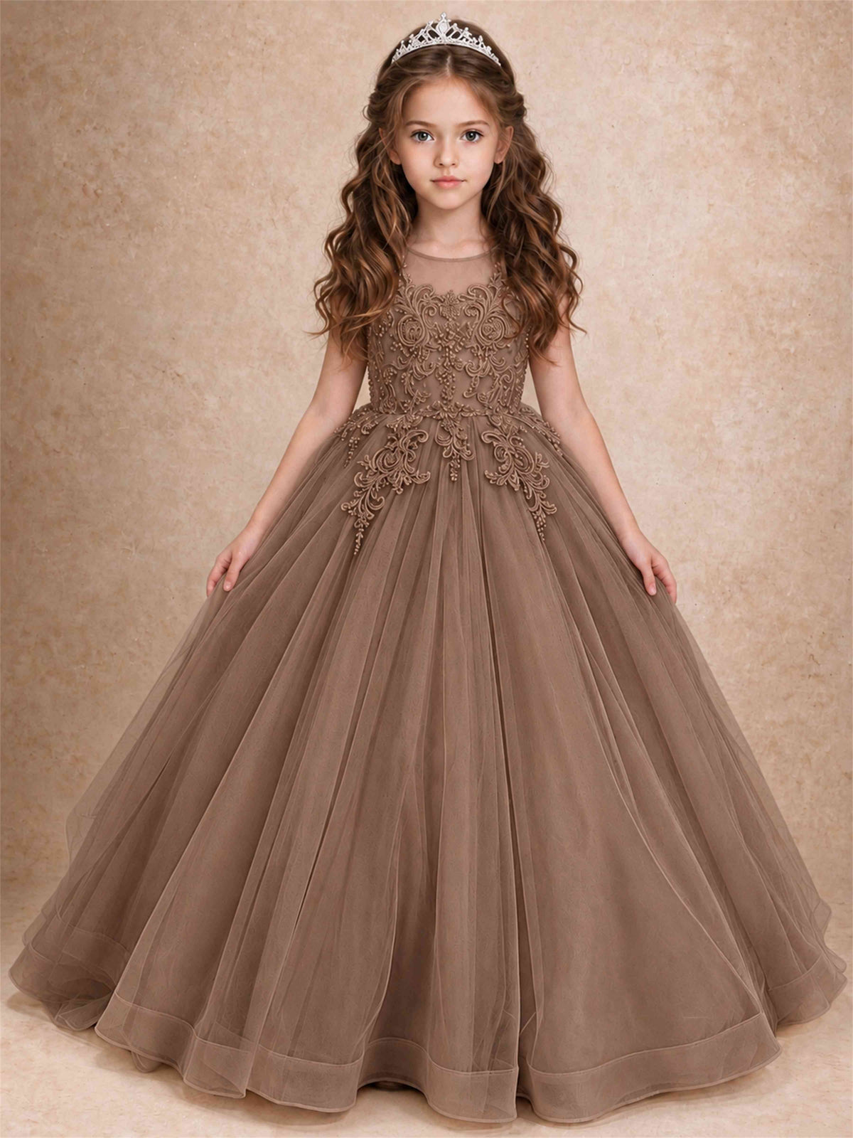 Lace Applique Girls Pageant Dresses Tulle Ball Gown Flower Girl Dress for Wedding Birthday Communion