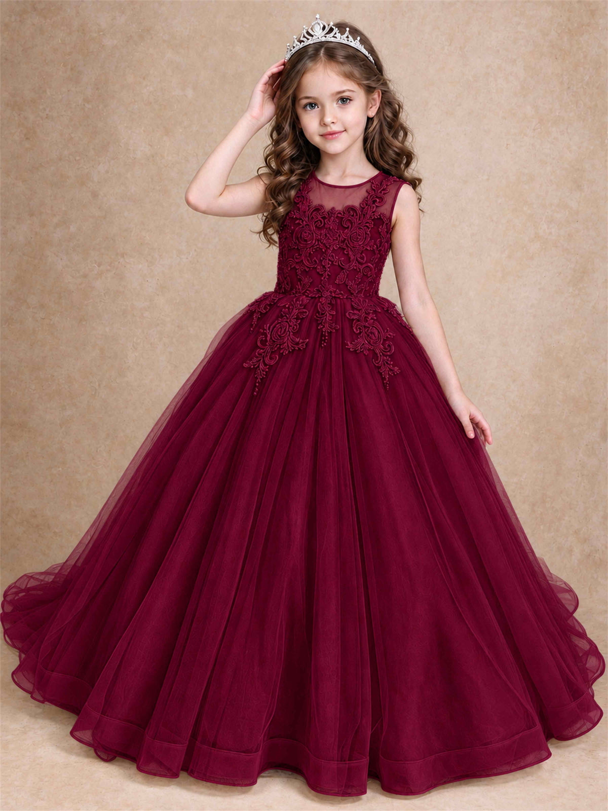 Lace Applique Girls Pageant Dresses Tulle Ball Gown Flower Girl Dress for Wedding Birthday Communion