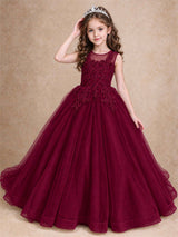 Lace Applique Girls Pageant Dresses Tulle Ball Gown Flower Girl Dress for Wedding Birthday Communion