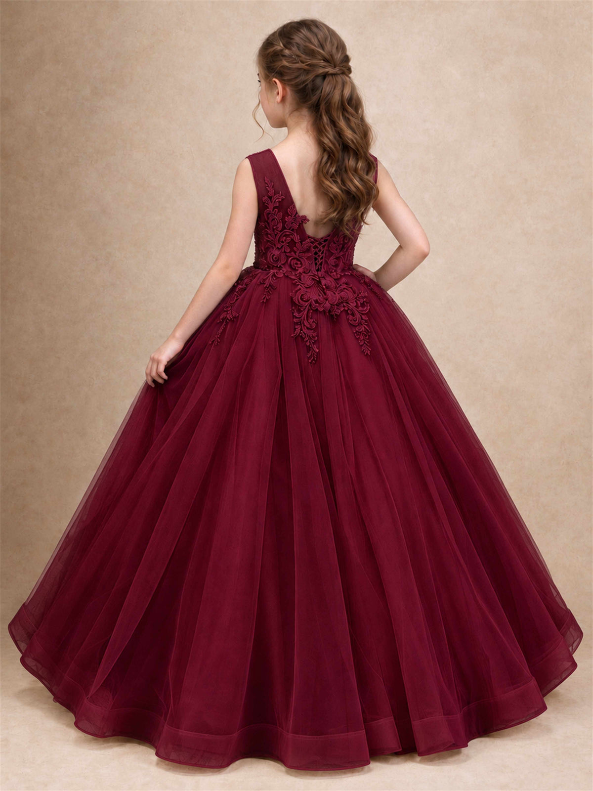 Lace Applique Girls Pageant Dresses Tulle Ball Gown Flower Girl Dress for Wedding Birthday Communion