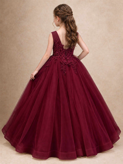 Lace Applique Girls Pageant Dresses Tulle Ball Gown Flower Girl Dress for Wedding Birthday Communion