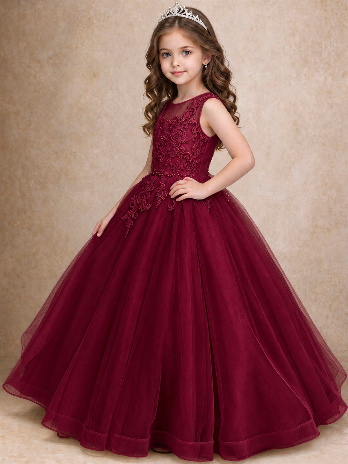 Lace Applique Girls Pageant Dresses Tulle Ball Gown Flower Girl Dress for Wedding Birthday Communion