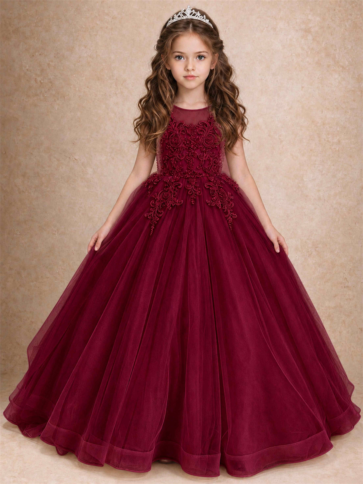 Lace Applique Girls Pageant Dresses Tulle Ball Gown Flower Girl Dress for Wedding Birthday Communion