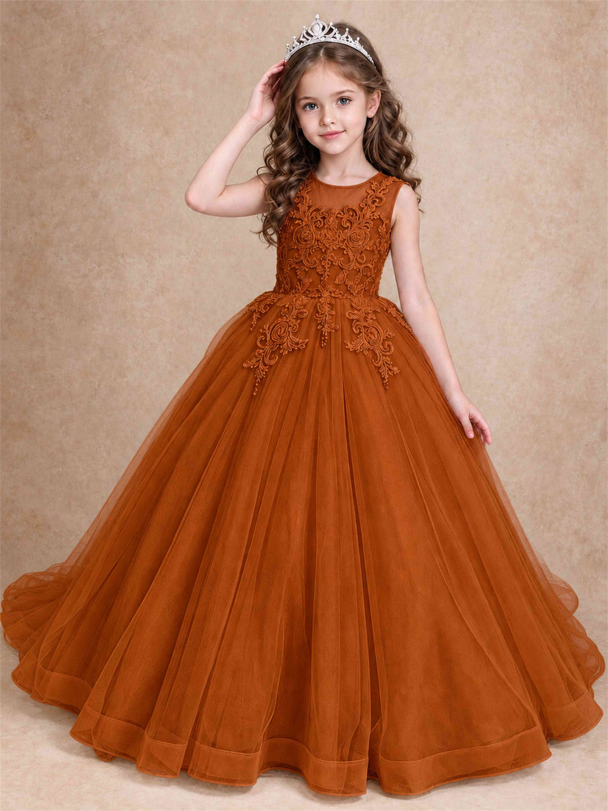 Lace Applique Girls Pageant Dresses Tulle Ball Gown Flower Girl Dress for Wedding Birthday Communion