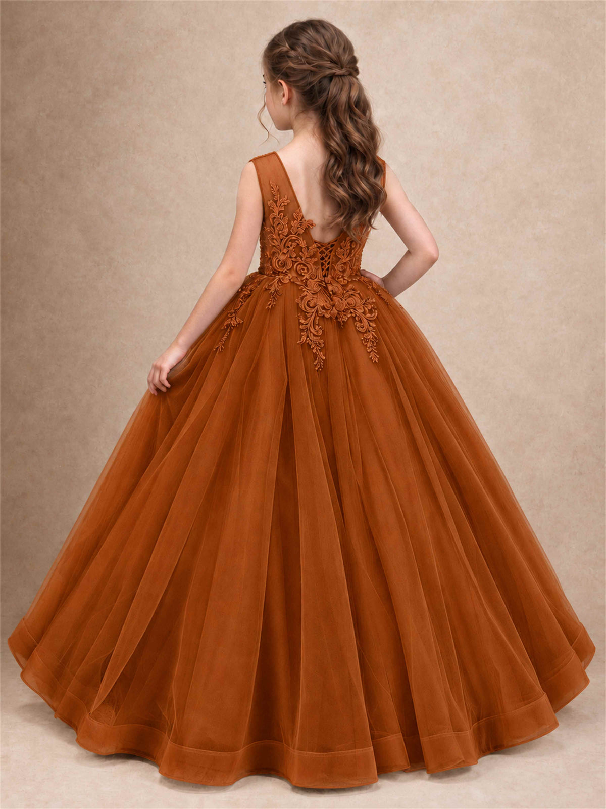 Lace Applique Girls Pageant Dresses Tulle Ball Gown Flower Girl Dress for Wedding Birthday Communion