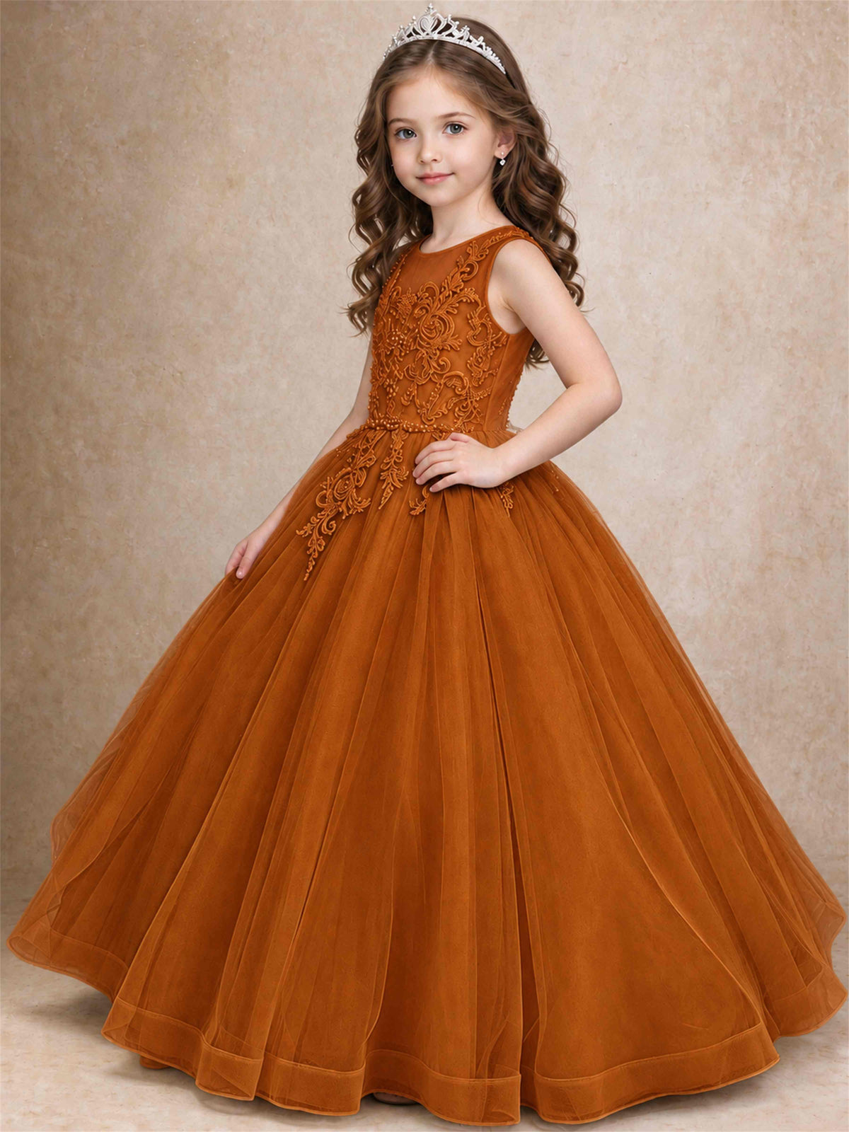 Lace Applique Girls Pageant Dresses Tulle Ball Gown Flower Girl Dress for Wedding Birthday Communion