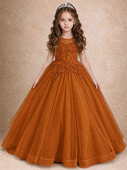 Lace Applique Girls Pageant Dresses Tulle Ball Gown Flower Girl Dress for Wedding Birthday Communion