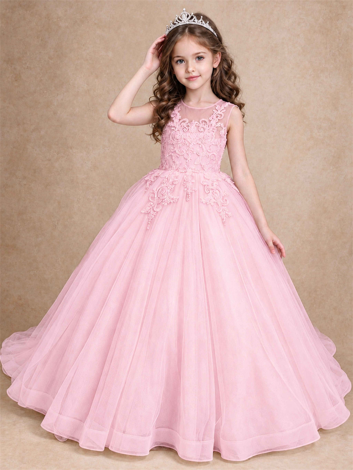 Lace Applique Girls Pageant Dresses Tulle Ball Gown Flower Girl Dress for Wedding Birthday Communion