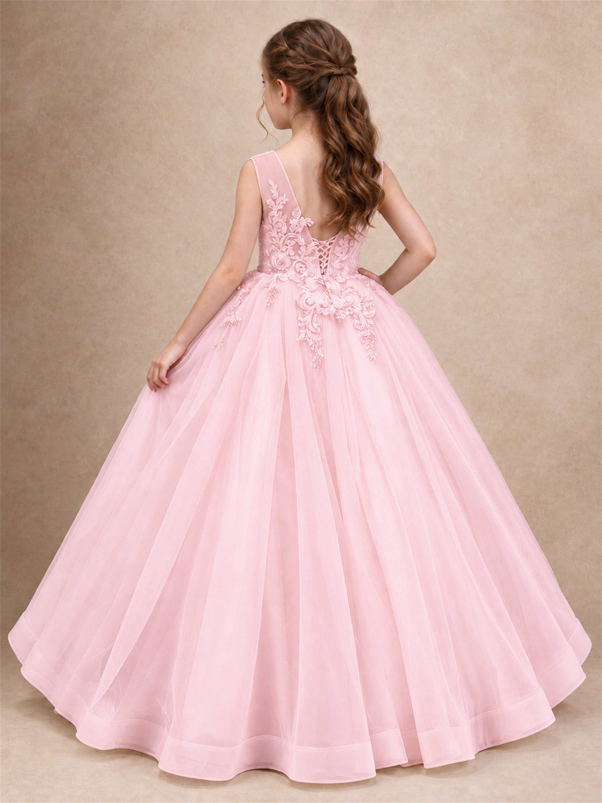 Lace Applique Girls Pageant Dresses Tulle Ball Gown Flower Girl Dress for Wedding Birthday Communion